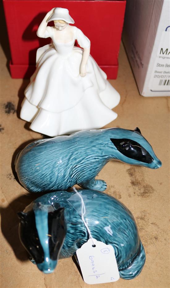 Baccarat eagle, boxed, 2 Poole pottery badgers, Doulton figure, Samantha and a Masons Chartreuse vase